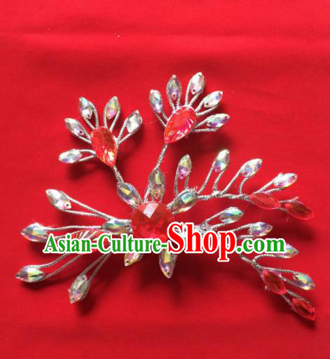 Chinese Beijing Opera Princess Red Crystal Flower Hair Claw Hairpins Traditional Peking Opera Diva Hair Accessories for Women
