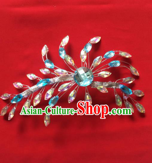 Chinese Beijing Opera Princess Blue Crystal Flower Hair Claw Hairpins Traditional Peking Opera Diva Hair Accessories for Women