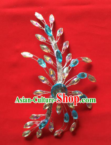 Chinese Beijing Opera Princess Blue Crystal Flower Hair Claw Hairpins Traditional Peking Opera Diva Hair Accessories for Women