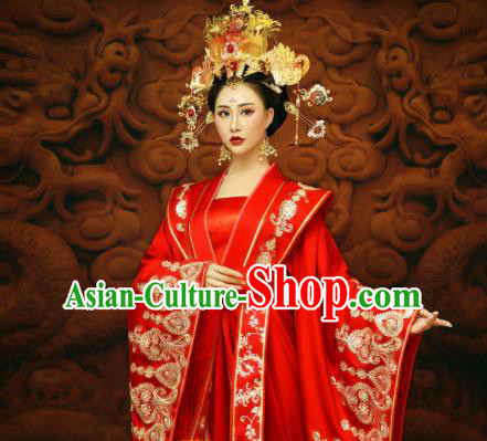 Chinese Ancient Royal Princess Red Hanfu Dress Traditional Tang Dynasty Imperial Consort Wedding Costumes and Headpiece for Women