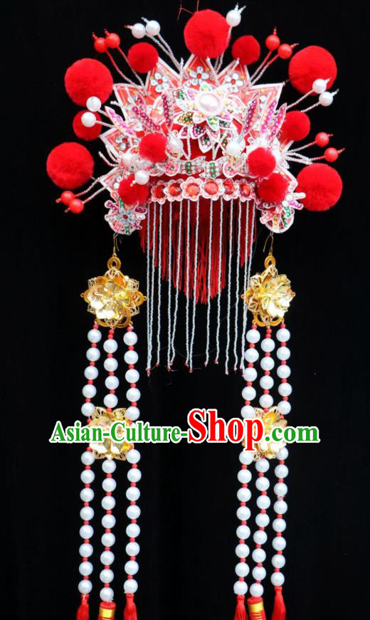 Chinese Beijing Opera Princess Red Phoenix Coronet Traditional Peking Opera Bride Hat Hair Accessories for Women