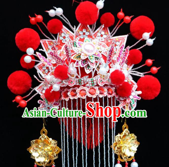 Chinese Beijing Opera Princess Red Phoenix Coronet Traditional Peking Opera Bride Hat Hair Accessories for Women