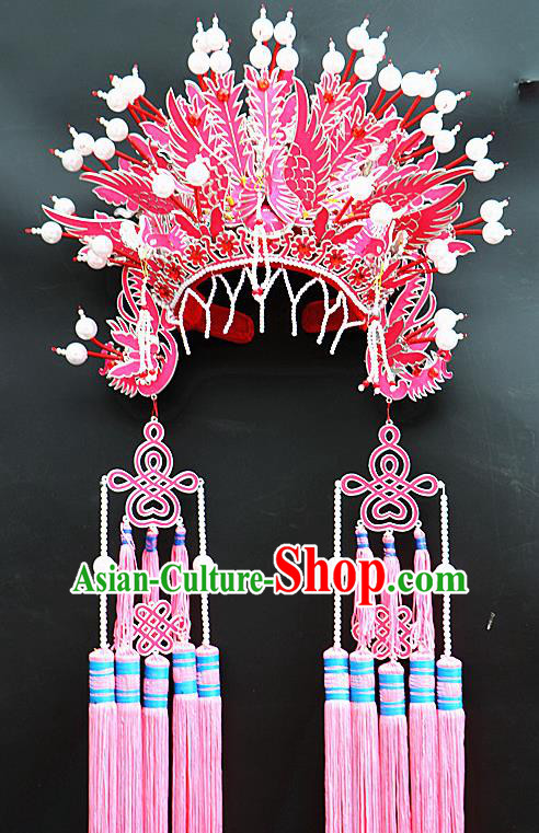 Chinese Beijing Opera Imperial Consort Pink Phoenix Coronet Traditional Peking Opera Bride Hat Hair Accessories for Women