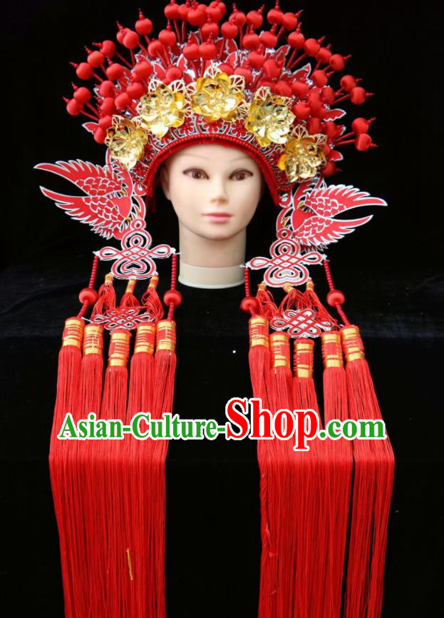 Chinese Beijing Opera Red Phoenix Coronet Traditional Peking Opera Bride Hat Hair Accessories for Women