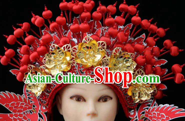 Chinese Beijing Opera Red Phoenix Coronet Traditional Peking Opera Bride Hat Hair Accessories for Women