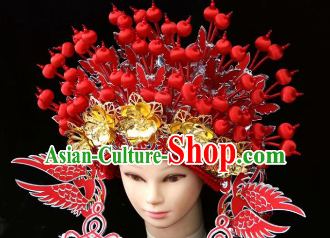 Chinese Beijing Opera Red Phoenix Coronet Traditional Peking Opera Bride Hat Hair Accessories for Women