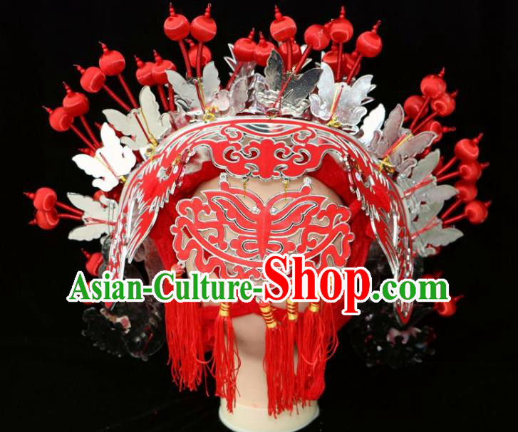 Chinese Beijing Opera Red Phoenix Coronet Traditional Peking Opera Bride Hat Hair Accessories for Women