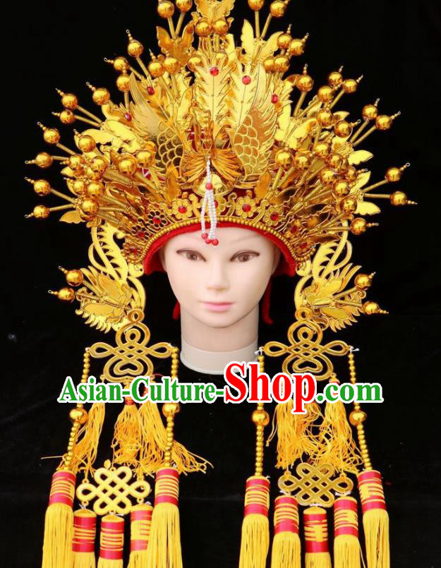 Chinese Beijing Opera Diva Golden Phoenix Coronet Traditional Peking Opera Bride Hat Hair Accessories for Women