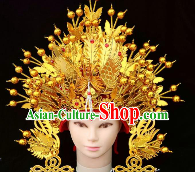 Chinese Beijing Opera Diva Golden Phoenix Coronet Traditional Peking Opera Bride Hat Hair Accessories for Women