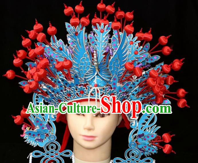 Chinese Beijing Opera Diva Blue Phoenix Coronet Traditional Peking Opera Bride Hat Hair Accessories for Women