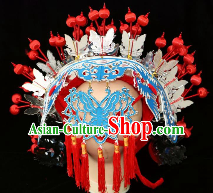 Chinese Beijing Opera Diva Blue Phoenix Coronet Traditional Peking Opera Bride Hat Hair Accessories for Women