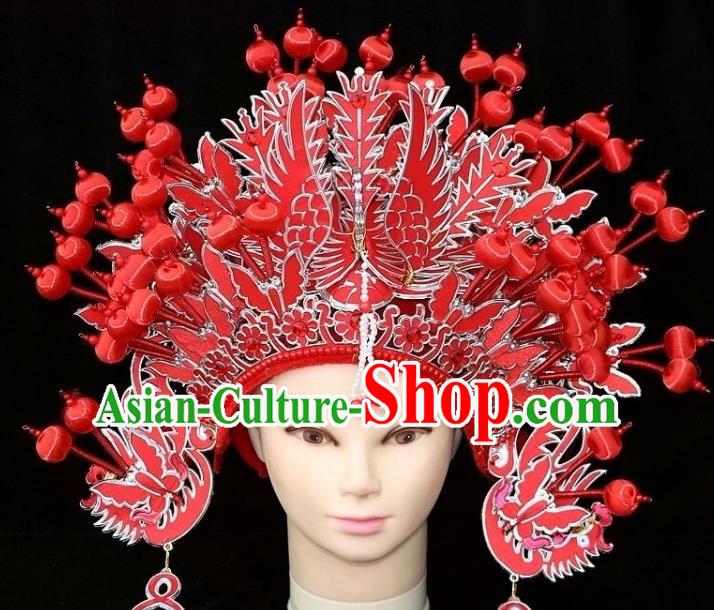 Chinese Beijing Opera Diva Red Phoenix Coronet Traditional Peking Opera Bride Hat Hair Accessories for Women