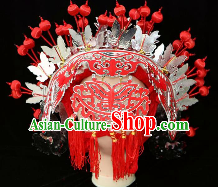 Chinese Beijing Opera Diva Red Phoenix Coronet Traditional Peking Opera Bride Hat Hair Accessories for Women