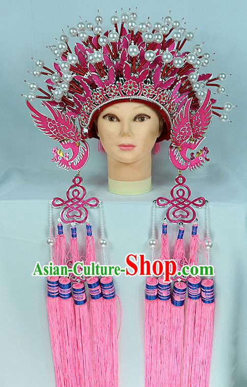 Chinese Beijing Opera Queen Pink Butterfly Phoenix Coronet Traditional Peking Opera Bride Hat Hair Accessories for Women