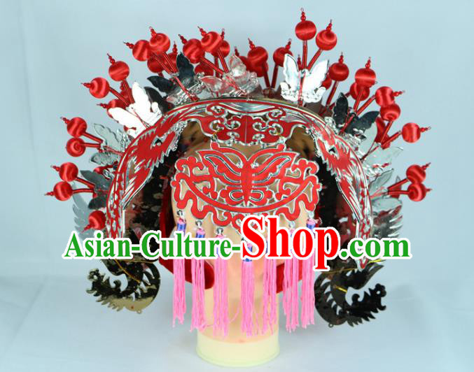 Chinese Beijing Opera Queen Red Butterfly Phoenix Coronet Traditional Peking Opera Bride Hat Hair Accessories for Women