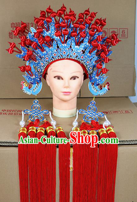 Chinese Beijing Opera Queen Blue Butterfly Phoenix Coronet Traditional Peking Opera Bride Hat Hair Accessories for Women