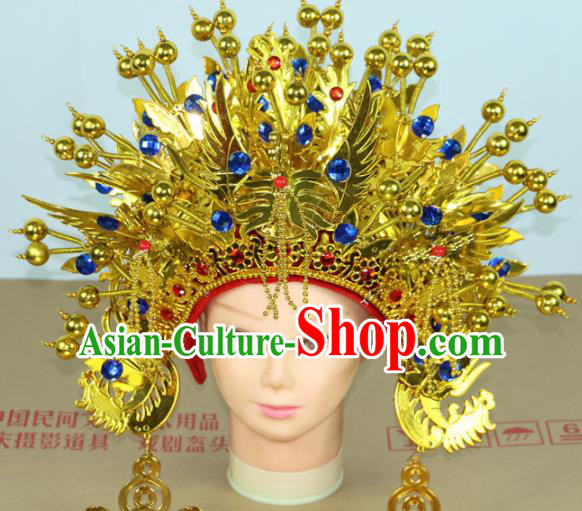 Chinese Beijing Opera Queen Blue Crystal Phoenix Coronet Traditional Peking Opera Bride Hat Hair Accessories for Women