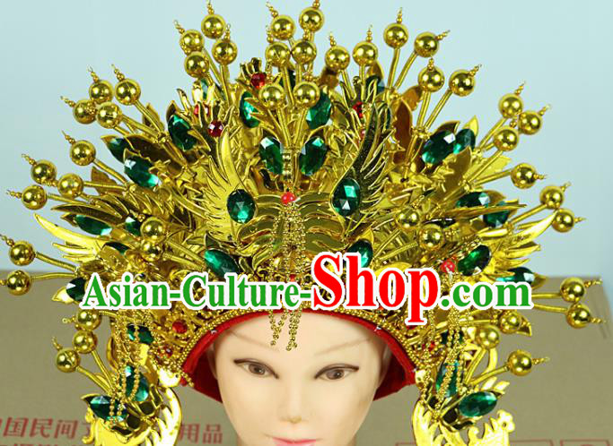 Chinese Beijing Opera Queen Green Crystal Phoenix Coronet Traditional Peking Opera Bride Hat Hair Accessories for Women
