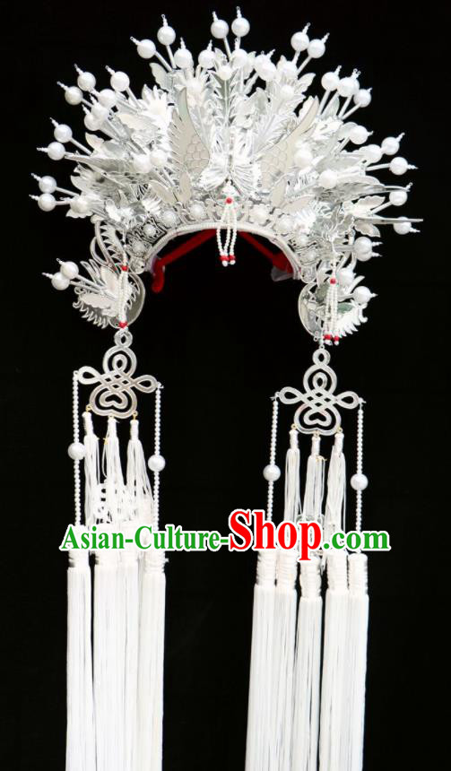 Chinese Beijing Opera White Tassel Phoenix Coronet Traditional Peking Opera Bride Hat Hair Accessories for Women