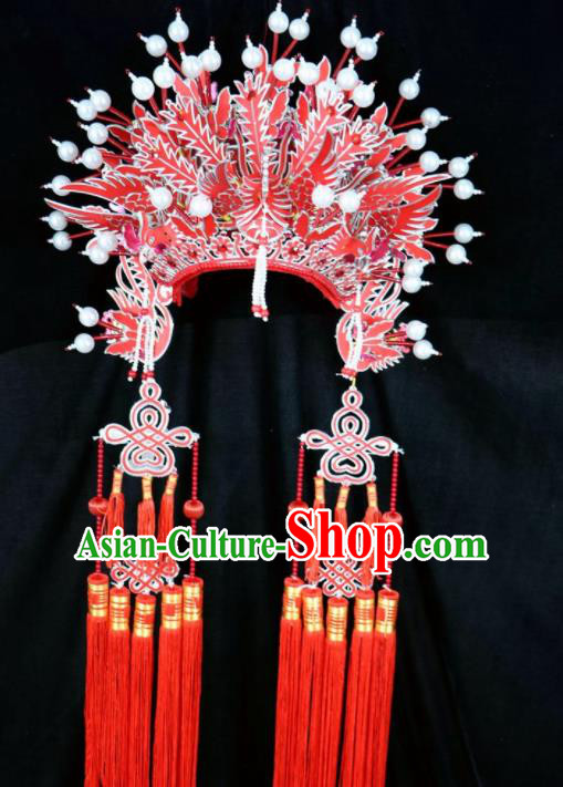 Chinese Beijing Opera Red Tassel Phoenix Coronet Traditional Peking Opera Bride Hat Hair Accessories for Women