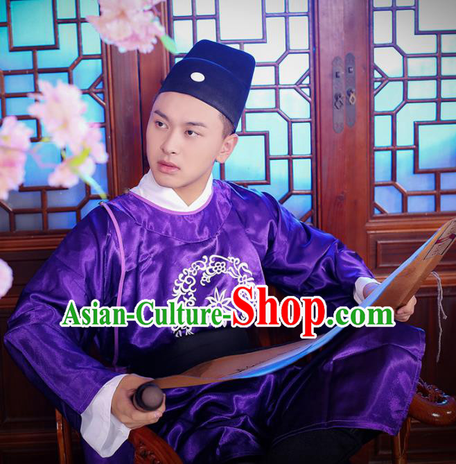 Chinese Ancient Court Eunuch Purple Robe Traditional Ming Dynasty Manservant Costume for Men