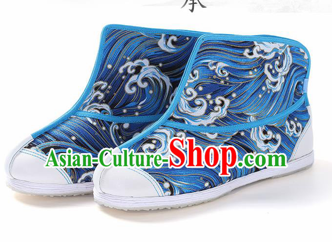 Chinese Traditional Handmade Blue Boots National Multi Layered Cloth Shoes for Men