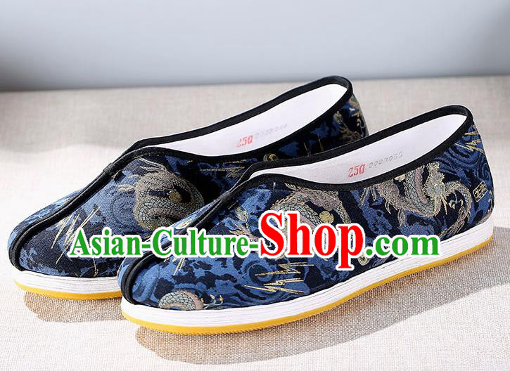 Chinese Traditional Handmade Embroidered Dragon Navy Cloth Shoes National Multi Layered Cloth Shoes for Men