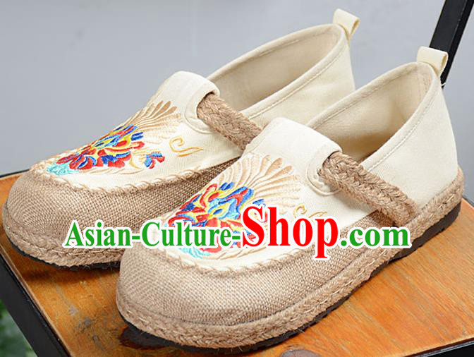 Chinese Traditional Handmade Embroidered Beige Flax Shoes National Multi Layered Cloth Shoes for Men