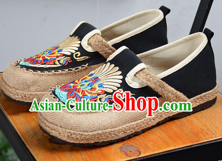 Chinese Traditional Handmade Embroidered Black Flax Shoes National Multi Layered Cloth Shoes for Men
