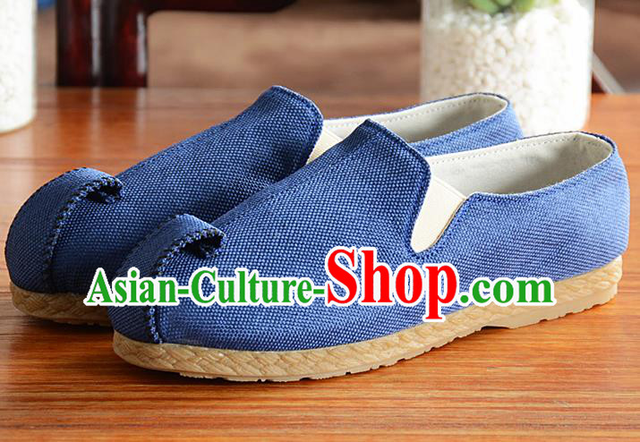 Traditional Chinese Handmade Flax Blue Shoes National Multi Layered Cloth Shoes for Men