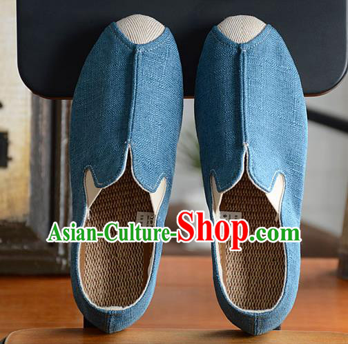 Traditional Chinese Martial Arts Shoes Handmade Blue Flax Shoes National Multi Layered Cloth Shoes for Men