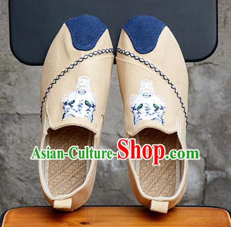 Traditional Chinese Martial Arts Shoes Handmade Embroidered Beige Flax Shoes National Multi Layered Cloth Shoes for Men