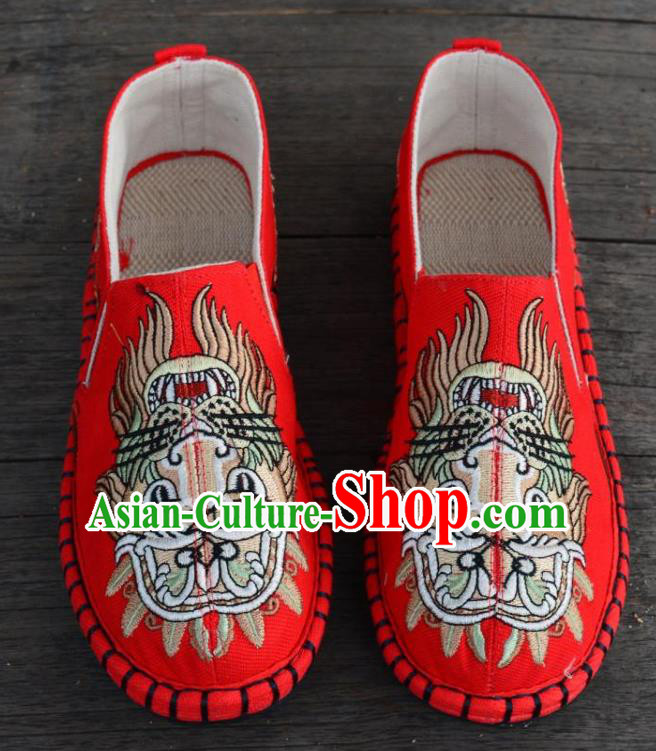 Traditional Chinese Martial Arts Embroidered Lion Shoes Handmade Red Flax Shoes National Multi Layered Cloth Shoes for Men
