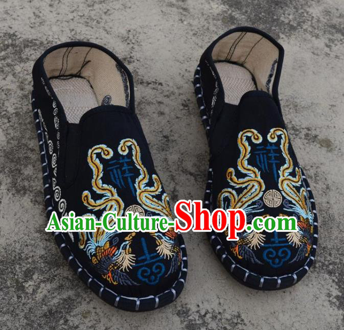 Traditional Chinese Embroidered Phoenix Black Shoes Handmade Flax Shoes National Multi Layered Cloth Shoes for Men