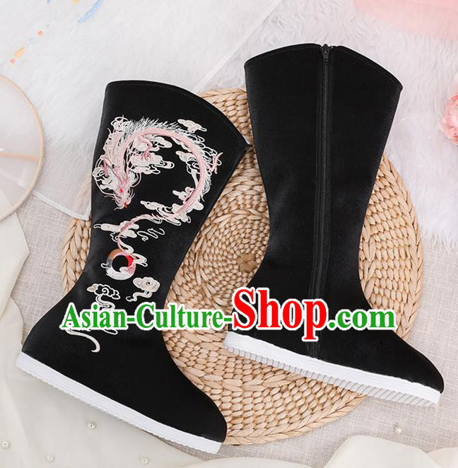 Traditional Chinese Embroidered Dragon Black Boots Handmade Cloth Shoes National Cloth Shoes for Women