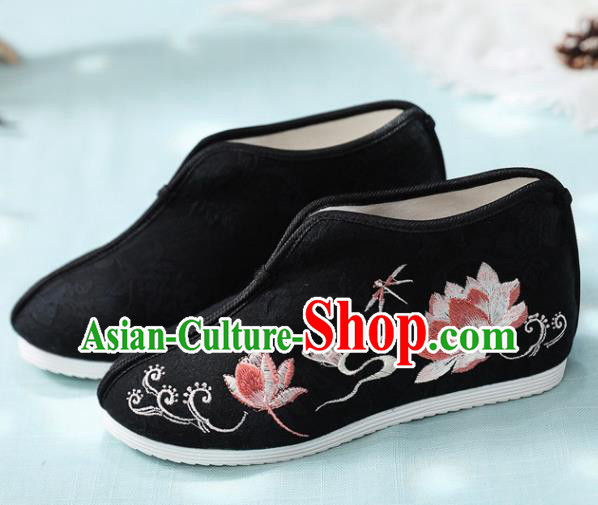 Traditional Chinese Embroidered Lotus Black Boots Handmade Cloth Shoes National Cloth Shoes for Women