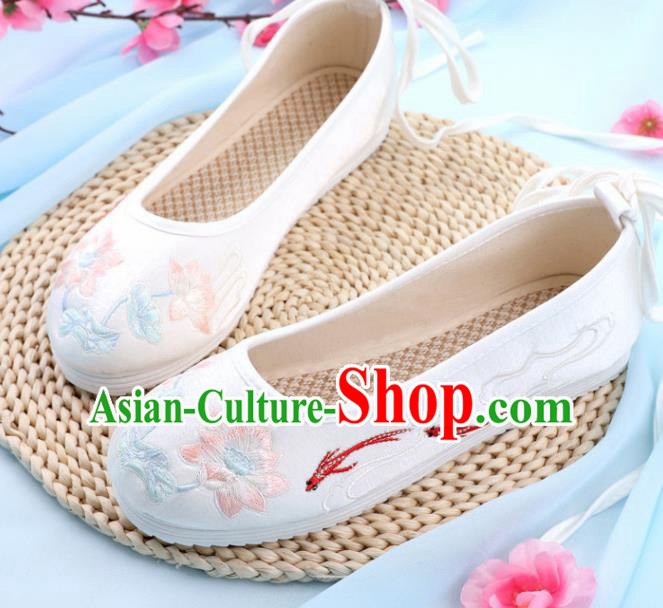 Traditional Chinese Embroidered Lotus Goldfish White Shoes Handmade Cloth Shoes National Cloth Shoes for Women