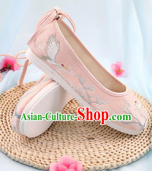 Traditional Chinese Embroidered Crane Pine Pink Shoes Handmade Cloth Shoes National Cloth Shoes for Women