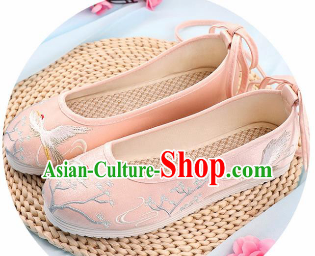 Traditional Chinese Embroidered Crane Pine Pink Shoes Handmade Cloth Shoes National Cloth Shoes for Women