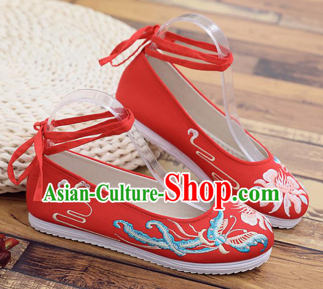 Traditional Chinese Embroidered Peony Butterfly Red Shoes Handmade Cloth Shoes National Cloth Shoes for Women