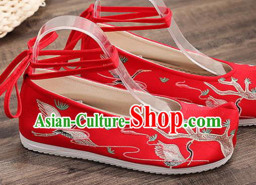 Traditional Chinese Embroidered Crane Red Shoes Handmade Cloth Shoes National Cloth Shoes for Women