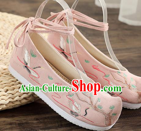 Traditional Chinese Embroidered Crane Pink Shoes Handmade Cloth Shoes National Cloth Shoes for Women