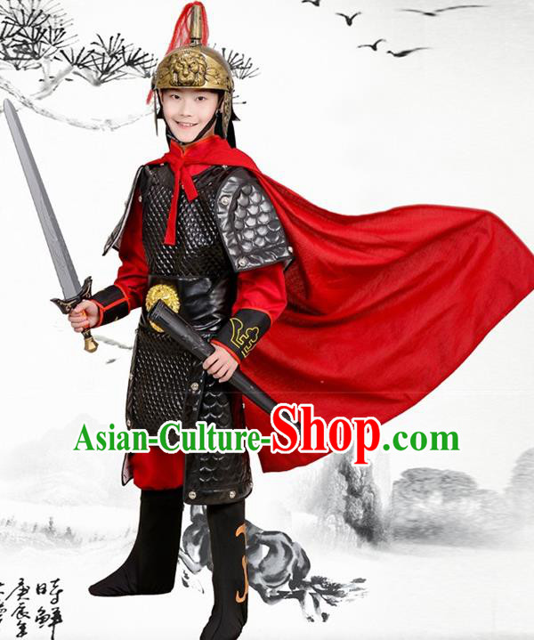 Chinese Ancient General Black Helmet and Armour Traditional Han Dynasty Swordsman Costume for Kids