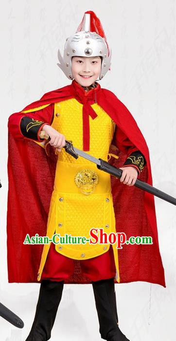 Chinese Ancient General Yellow Helmet and Armour Traditional Han Dynasty Swordsman Costume for Kids