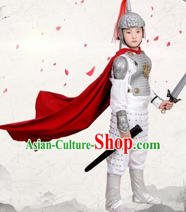 Chinese Ancient General White Helmet and Armour Traditional Han Dynasty Swordsman Costume for Kids