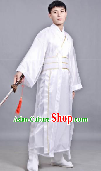 Chinese Ancient Scholar White Robe Traditional Song Dynasty Swordsman Costume for Men