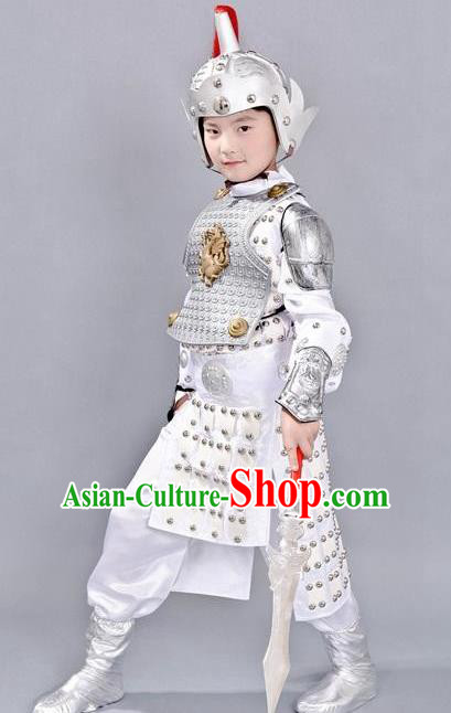 Chinese Ancient Traditional Han Dynasty General Costume White Helmet and Armour for Kids