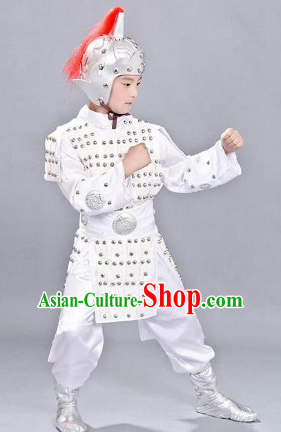 Chinese Ancient Traditional Han Dynasty General Costume White Helmet and Armour for Kids