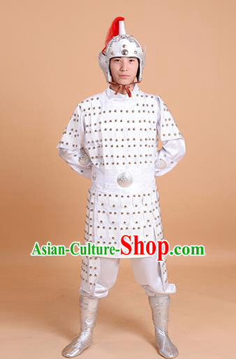 Chinese Ancient Traditional Tang Dynasty General Costume White Helmet and Armour for Men