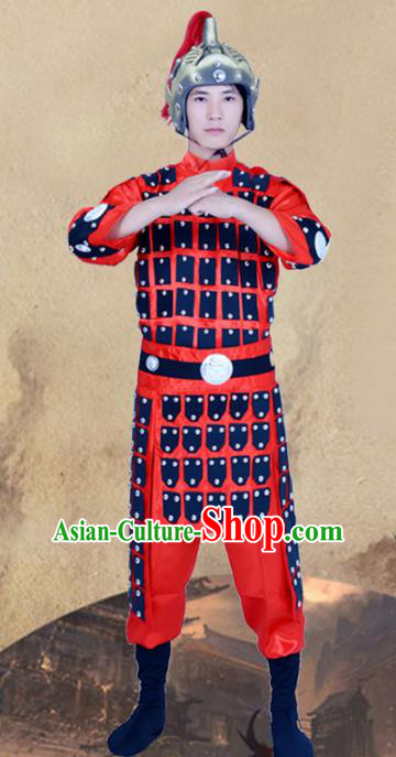 Chinese Ancient Traditional Tang Dynasty General Costume Red Helmet and Armour for Men